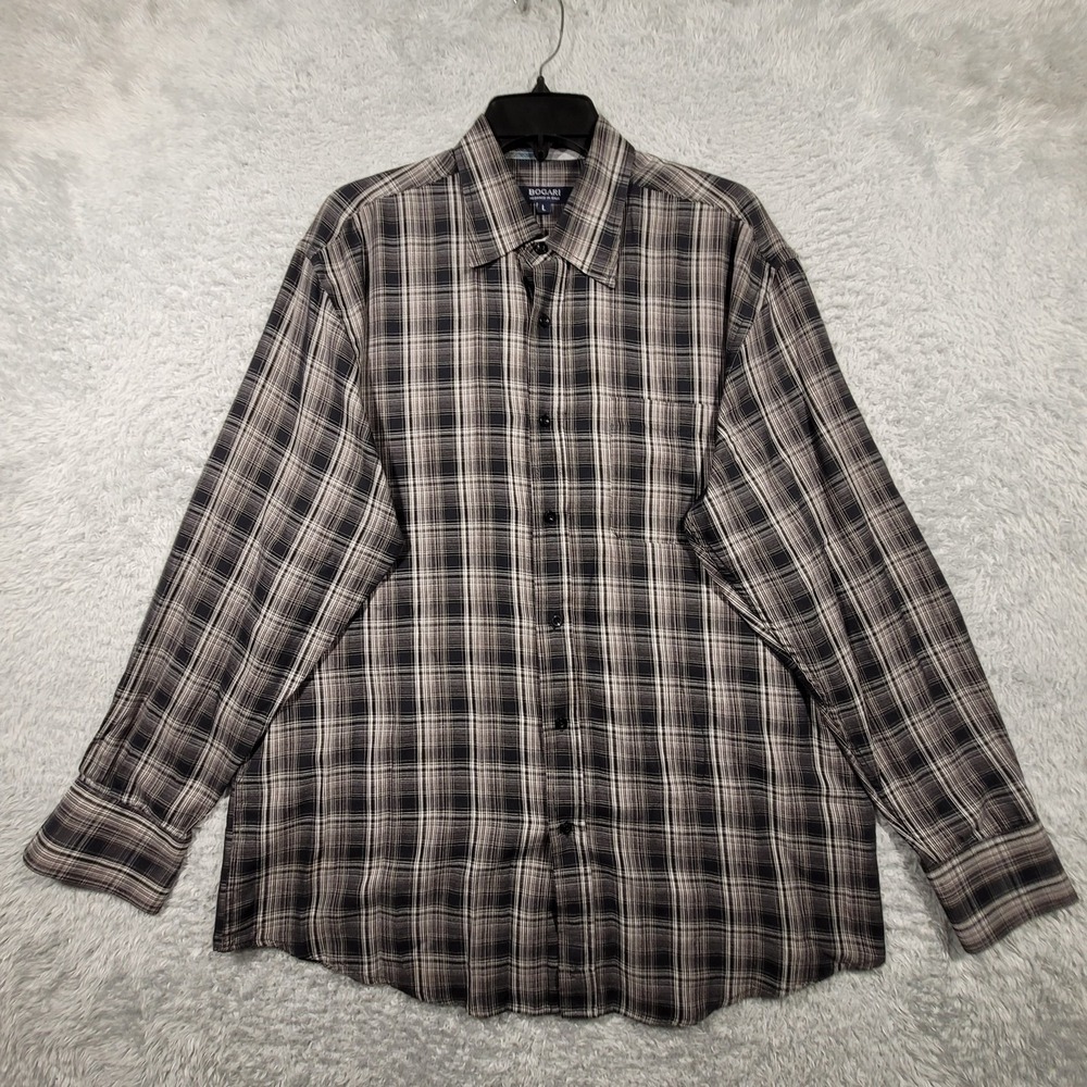Bogari Shirt Mens L Large Plaid Casual Button Down Long Sleeve Black Gray White‎
